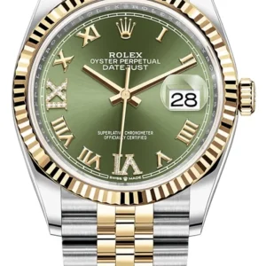 Rolex Datejust 36 Steel & Yellow Gold Olive Green Pave Roman Dial Women’s Watch M126233-0025