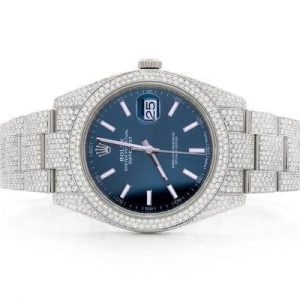 ROLEX ICED OUT DATEJUST 41MM BLUE DIAL AUTOMATIC STAINLESS STEEL WATCH MOISSANITE 21.00CT