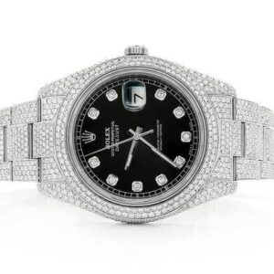 ROLEX DATEJUST ICED OUT 41MM SILVER BLACK DIAL AUTOMATIC STAINLESS STEEL WATCH FULL MOISSANITE 16.00CT