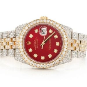 DIAMOND ROLEX WATCH DATEJUST 36MM TWO TONE RED DIAL FULL ICED VVS MOISSANITE 17.20CT