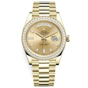 Rolex Day-Date 228348RBR Yellow Gold Diamond Bezel Champagne Diamond Dial