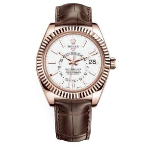 Rolex Sky-Dweller White Dial Automatic 18kt Everose Gold Leather Strap 326135-0006