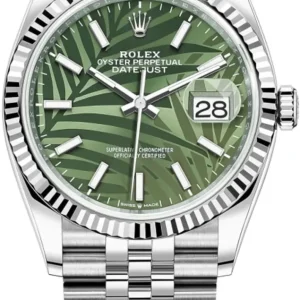 Rolex Datejust 36 Steel & White Gold Olive Green Palm-Motif Dial Women’s Watch M126234-0047