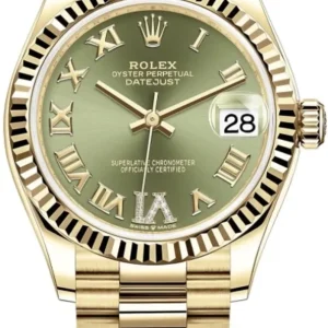 Rolex Datejust 31 Yellow Gold Olive Green Pave Roman Diamond Dial Women’s Watch M278278-0030