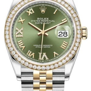Rolex Datejust 36 Yellow Gold & Diamonds Olive Green Diamond Pave Roman Dial Women’s Watch M126283RBR-0011
