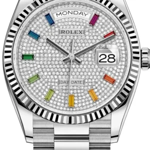 Rolex Day-Date White Gold Diamond-Paved Gemstone Dial Women’s Watch M128239-0019