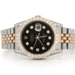 ICED OUT ROLEX DATEJUST 36MM TWO TONE BLACK DIAL AUTOMATIC WATCH 16.00CT